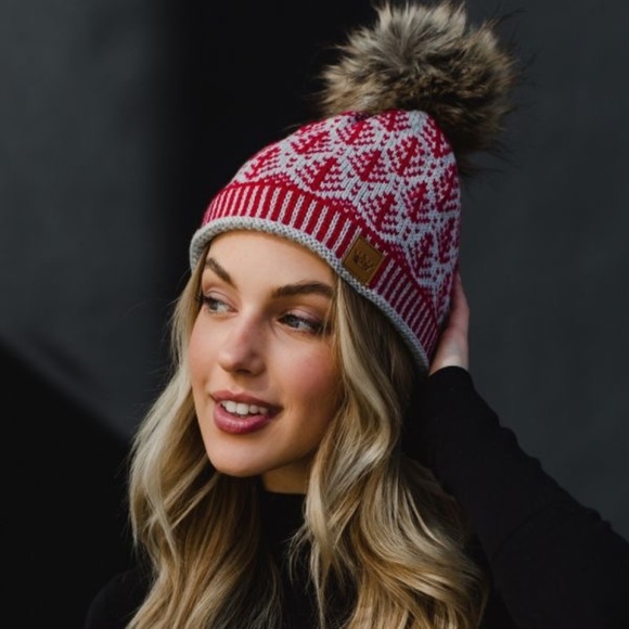 Panache Gray knit hat with red tree pattern - Picture 1 of 4